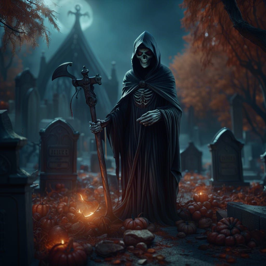 Grim Reaper in Graveyard: Halloween Fantasy Art