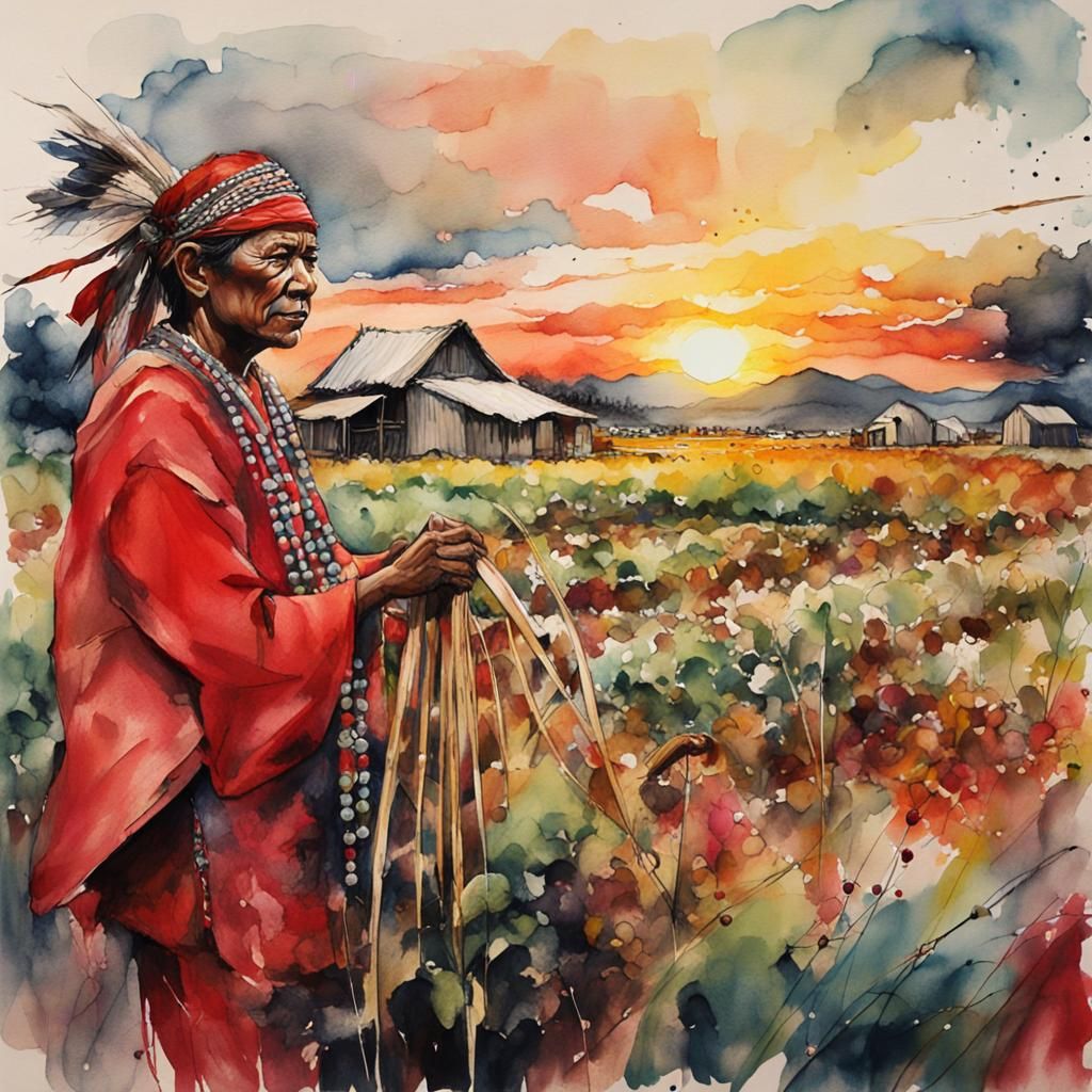 Mamanwa Farmers: Watercolor Illustration of Philippine Sunse...