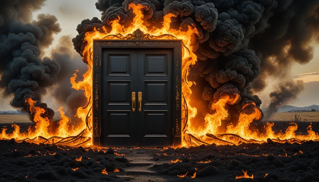 Surreal Black Door Standing Amidst Fiery Inferno