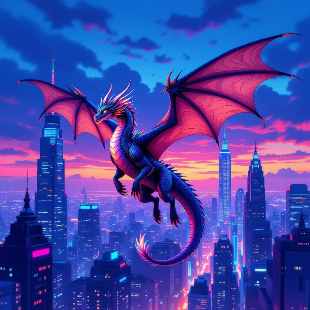 Dragon Soaring Over Neon Cityscape, Digital Art