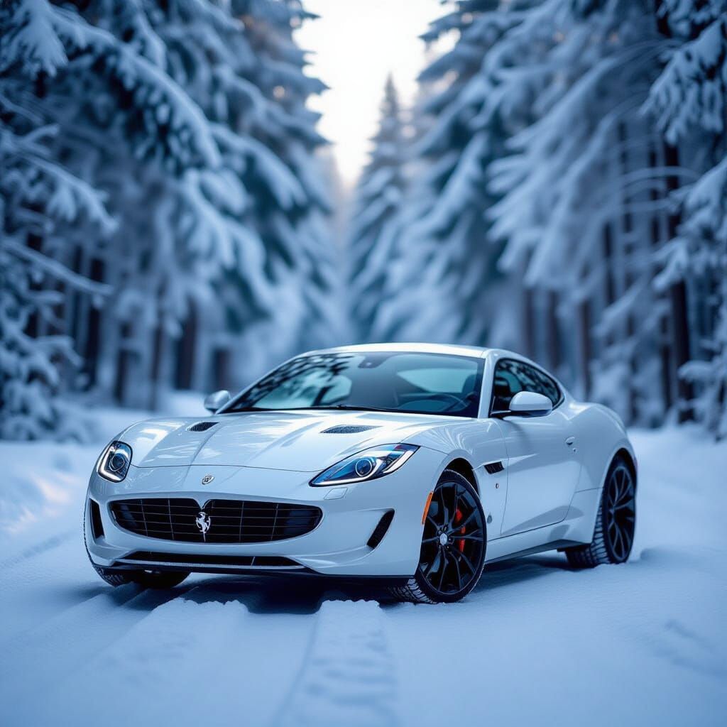 Sleek Snow Sports Car in Forest Winter Scene