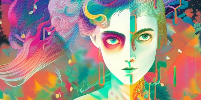 Bold Pastel Sock Puppet Selfie in Fragmented Patterns