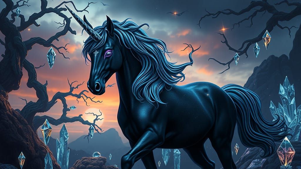 Majestic Black Unicorn in Twilight Landscape