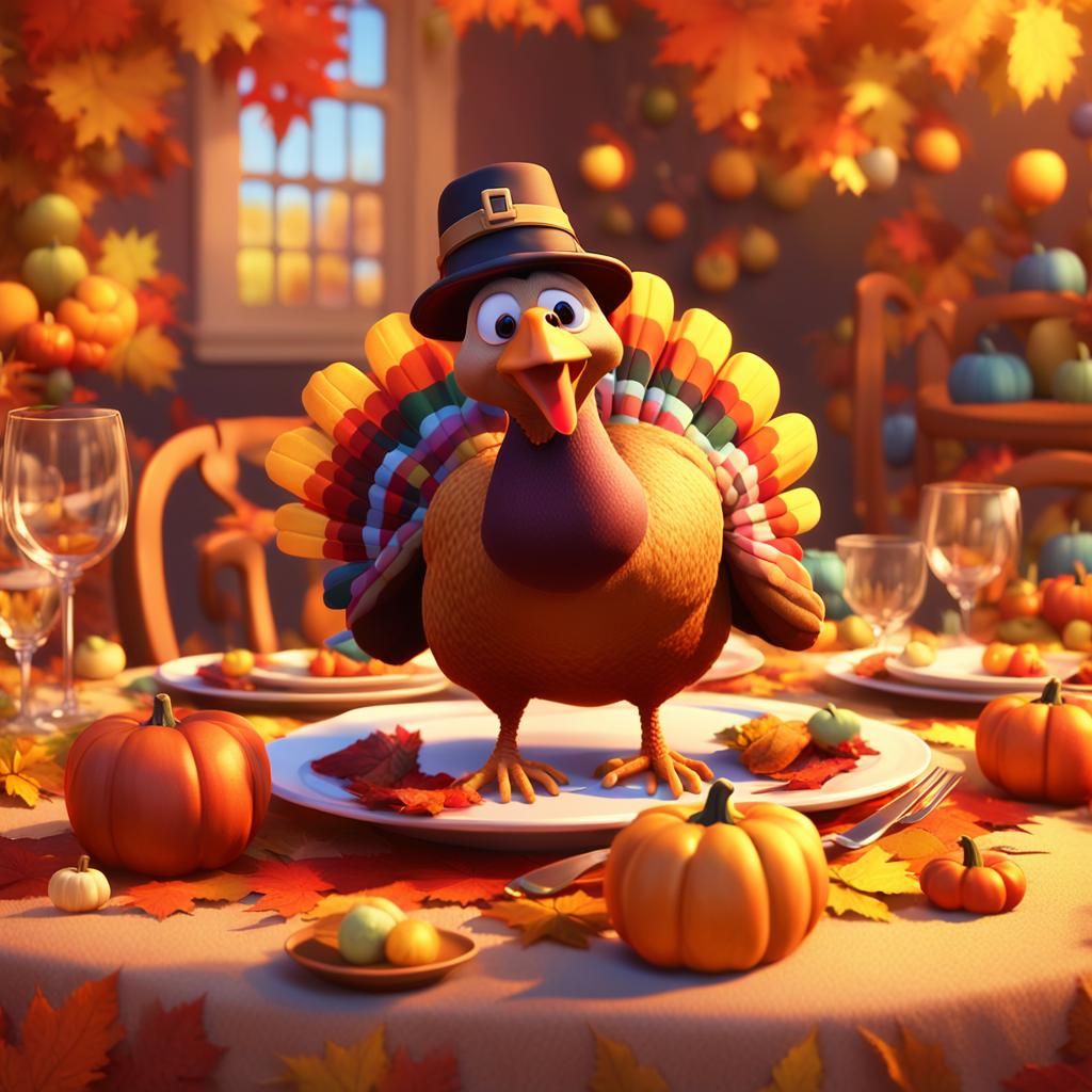 Festive Turkey in Pilgrim Hat: Pixar-Style Thanksgiving