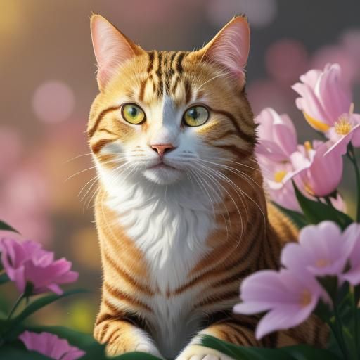 Sun-Kissed Cat in Blooming Garden: Hyperrealistic Rendering