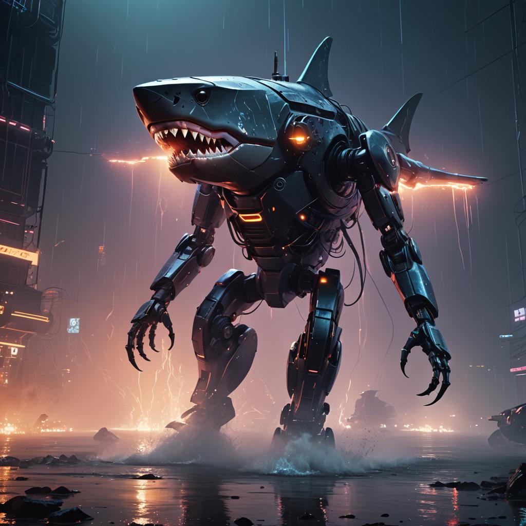 Robot Shark Emerging from Mist in Sci-Fi Style
