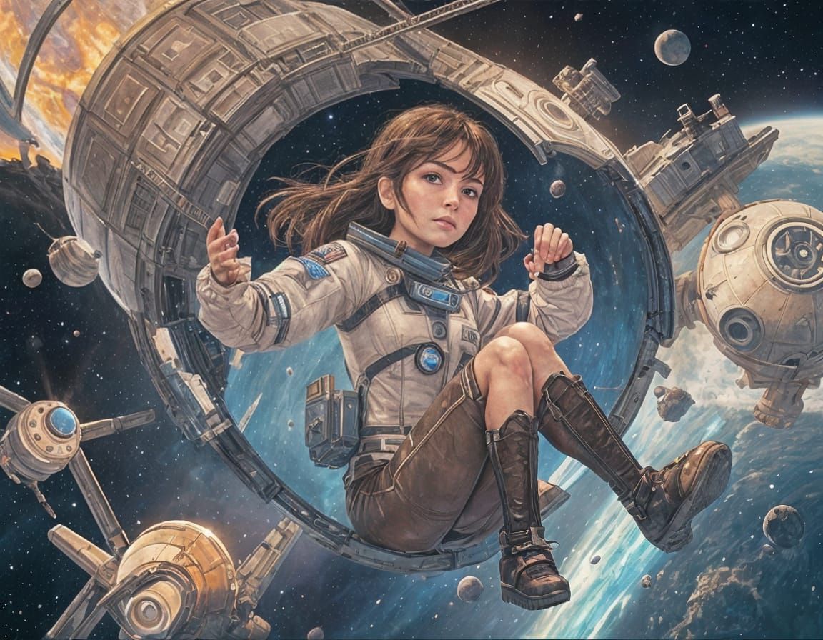 Android in Space: Oil Painting in Waterhouse Style