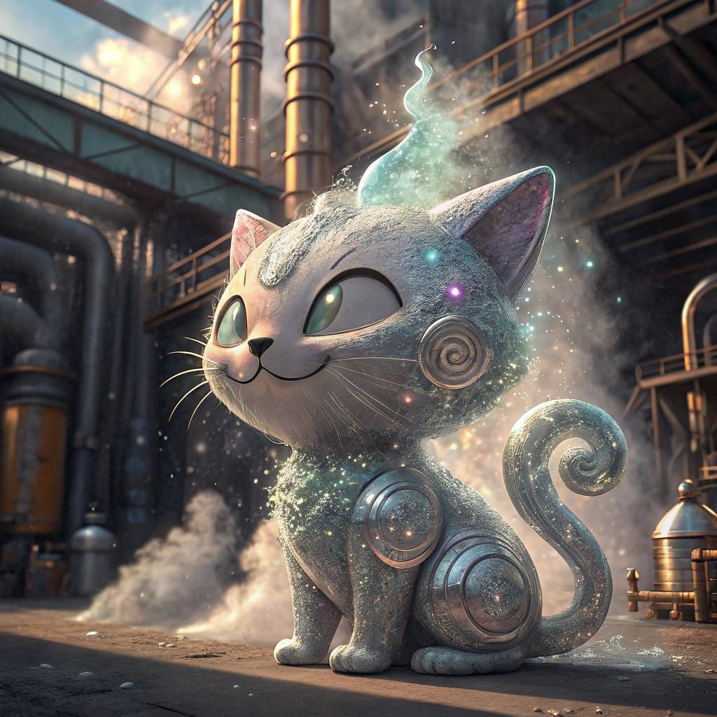 Enchanted Silver Chibi Cat in a Gritty Industrial Wonderland