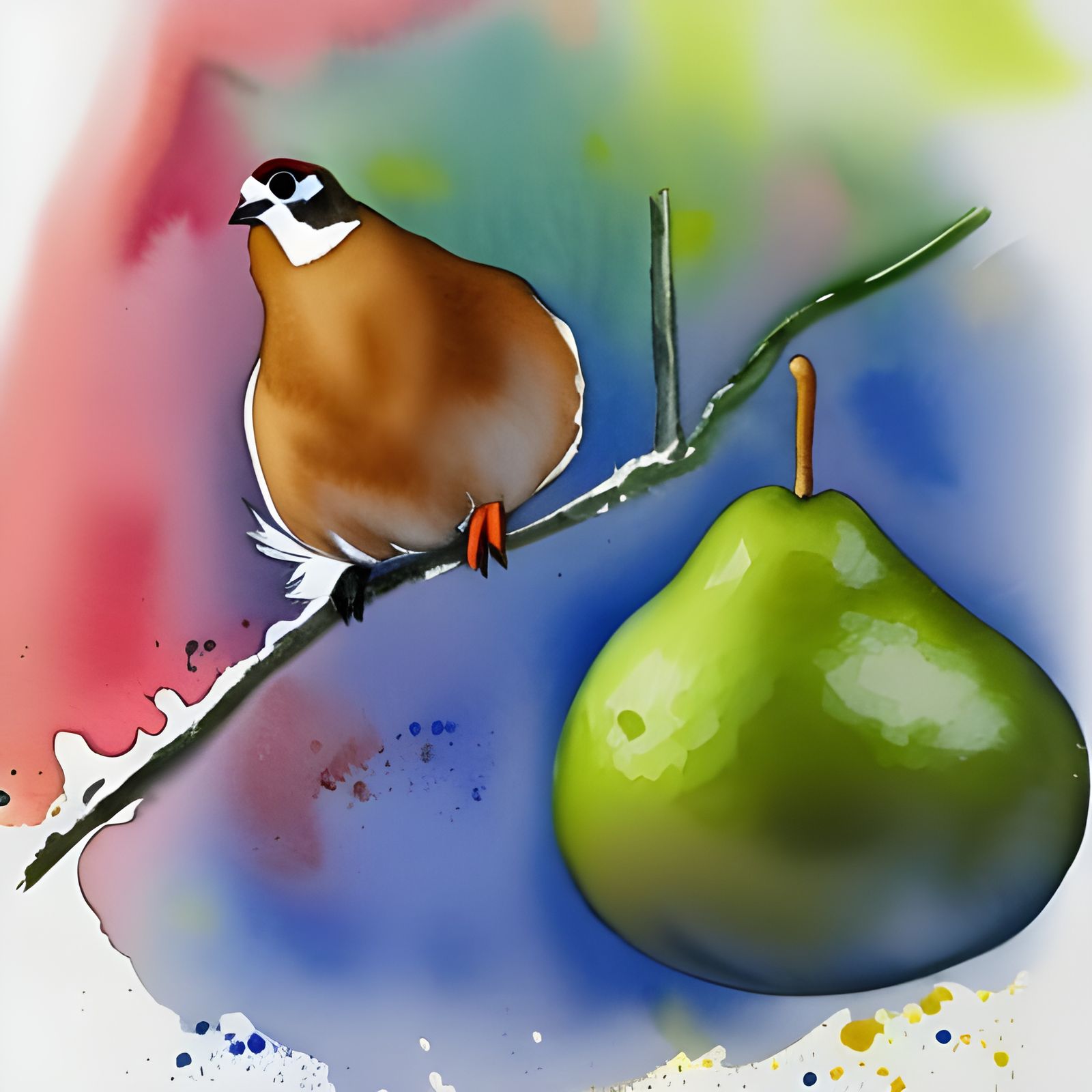 Partridge in Pear Tree Watercolor Splash Art