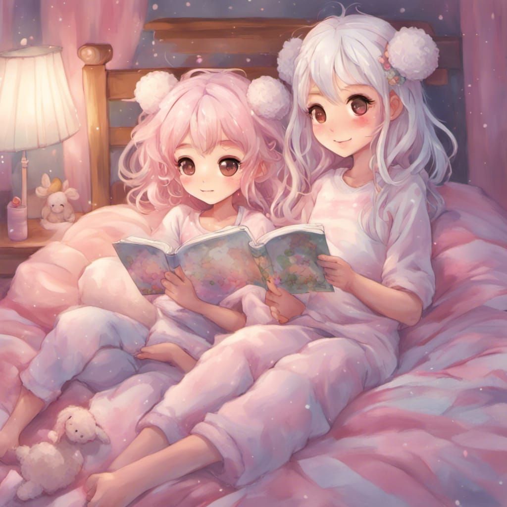 Two Cute Girls Reading in Kawaii Anime Style