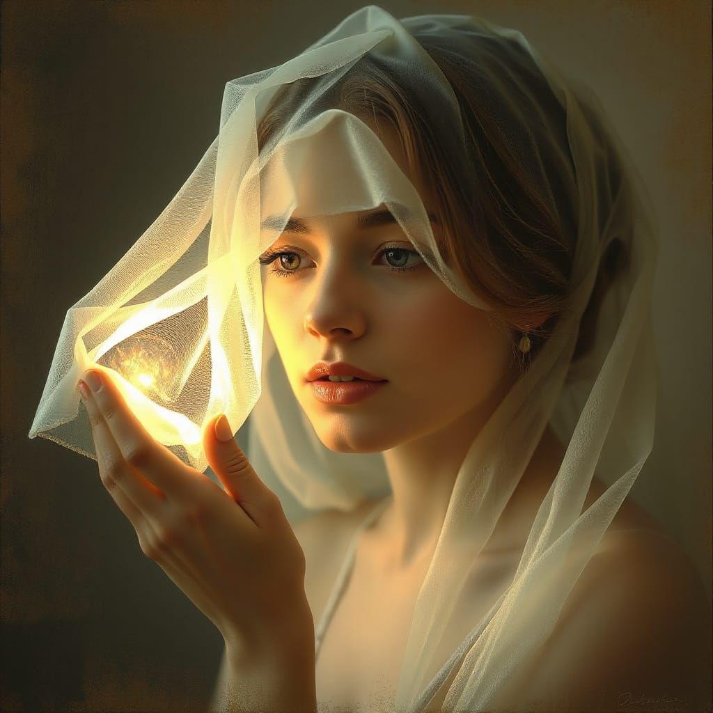Surrealist Woman's Reflection Revealed Through Ethereal Veil