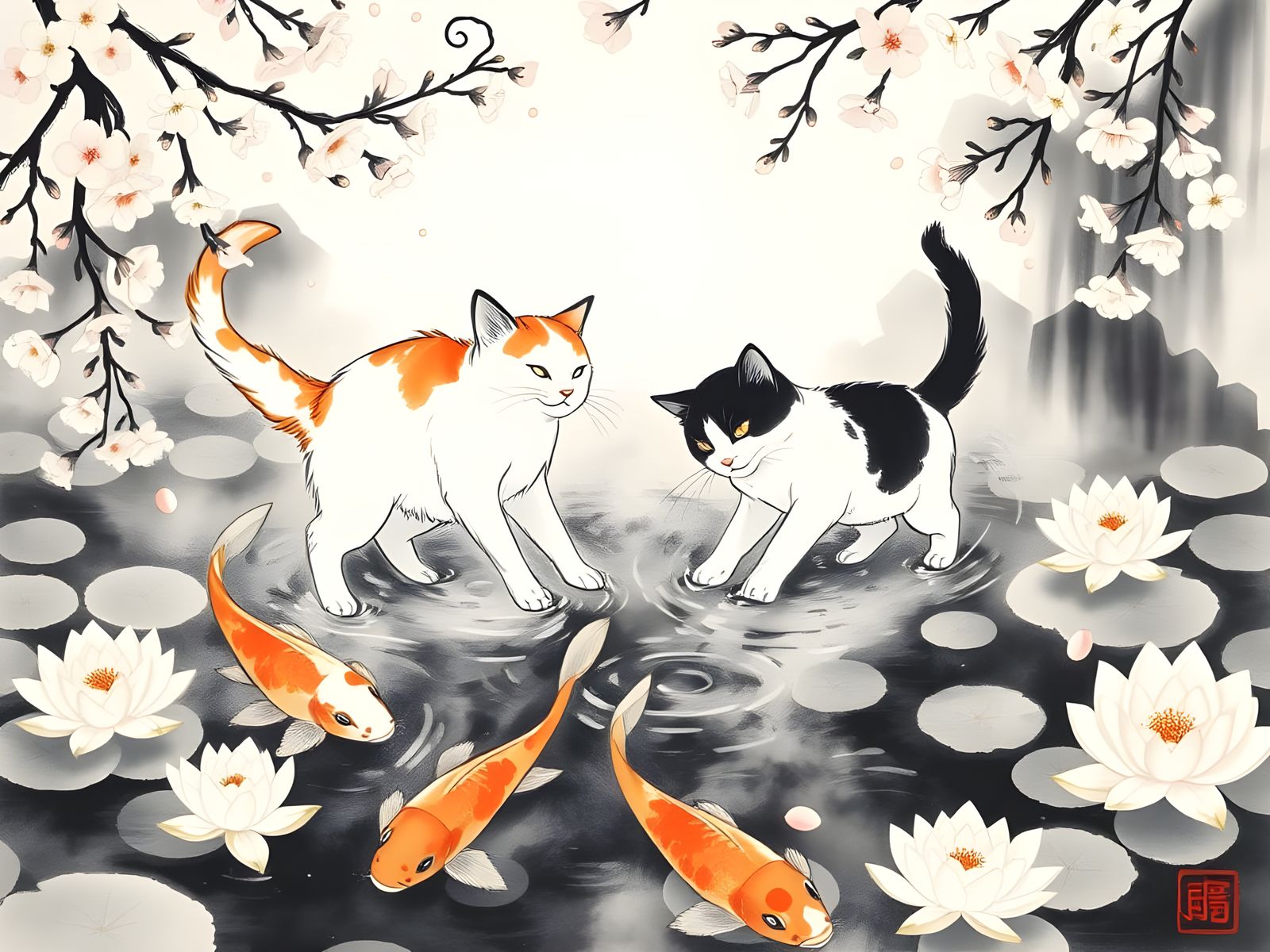 Surreal Sumi-e Painting of Cats and Koi in Cherry Blossom Pa...