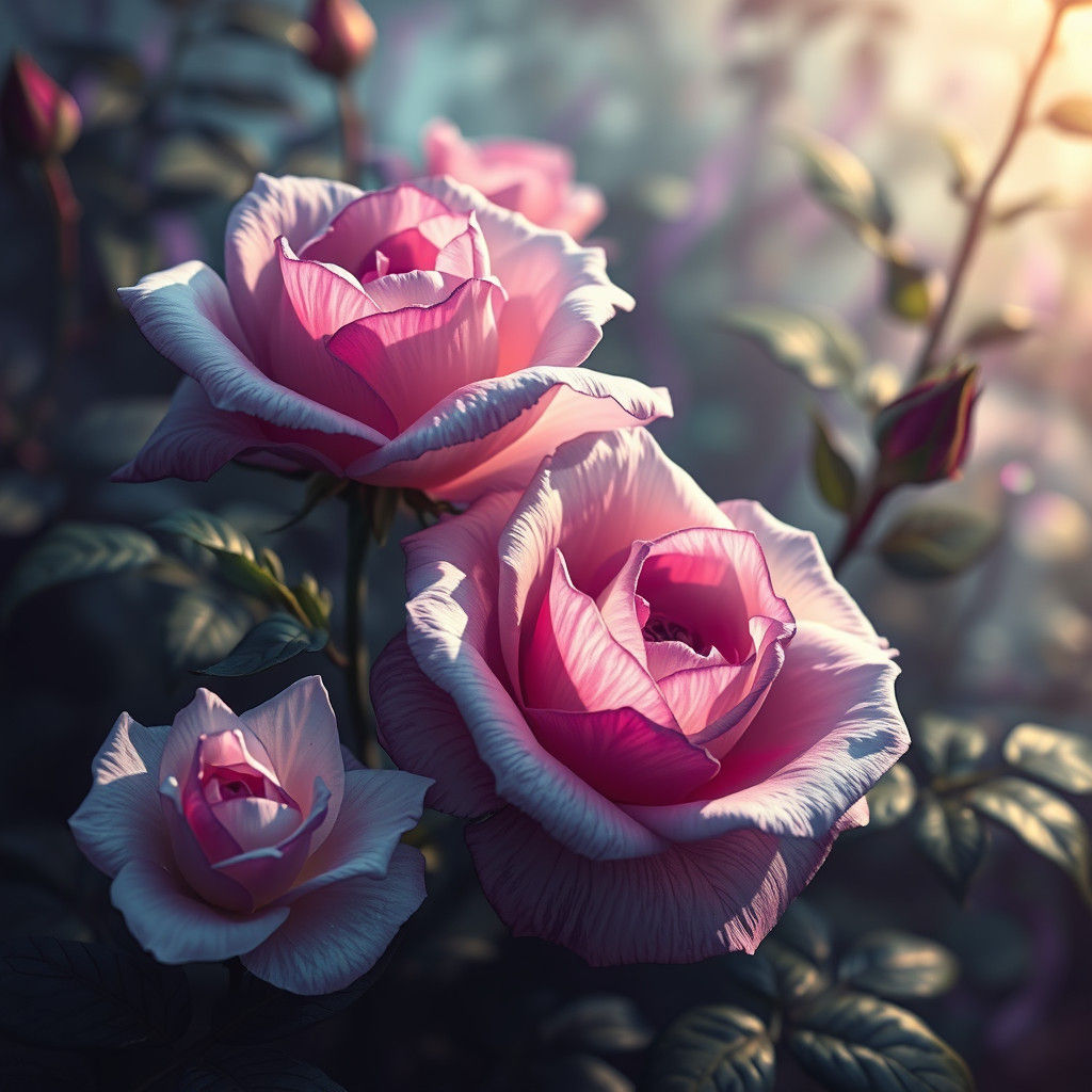 Mystical White and Purple Roses in Dreamlike Setting