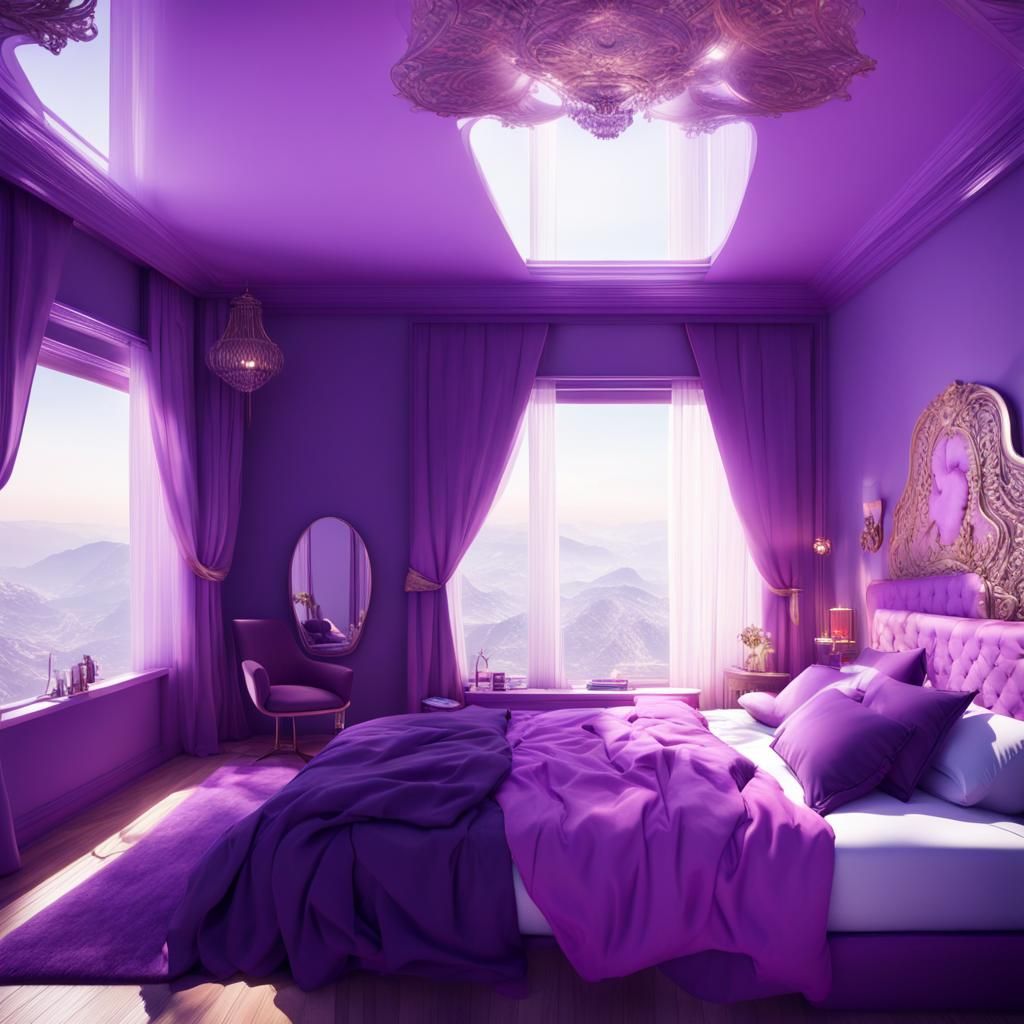 Luxurious bedroom purple walls and magenta ceiling with beautiful view and purple bed huge windows was purple curtains& ...