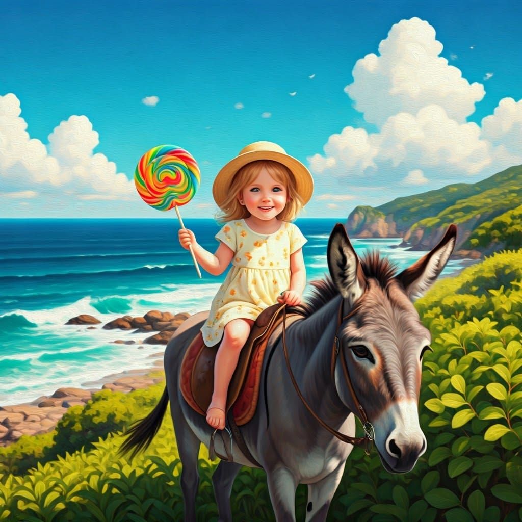 Child on Donkey Ride, Impressionistic Seascape