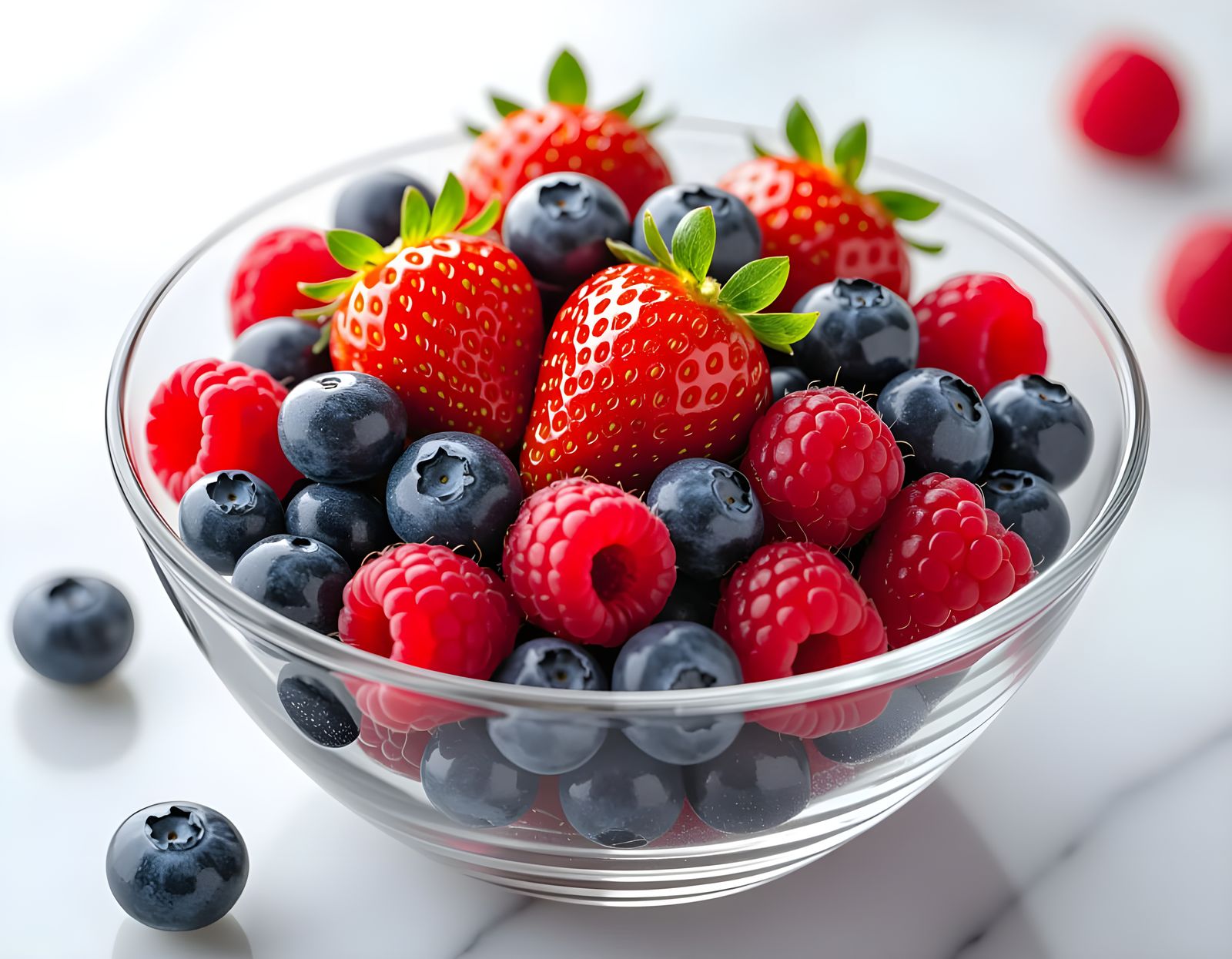 Fresh Berries in Glass Bowl: Realistic Food Photography