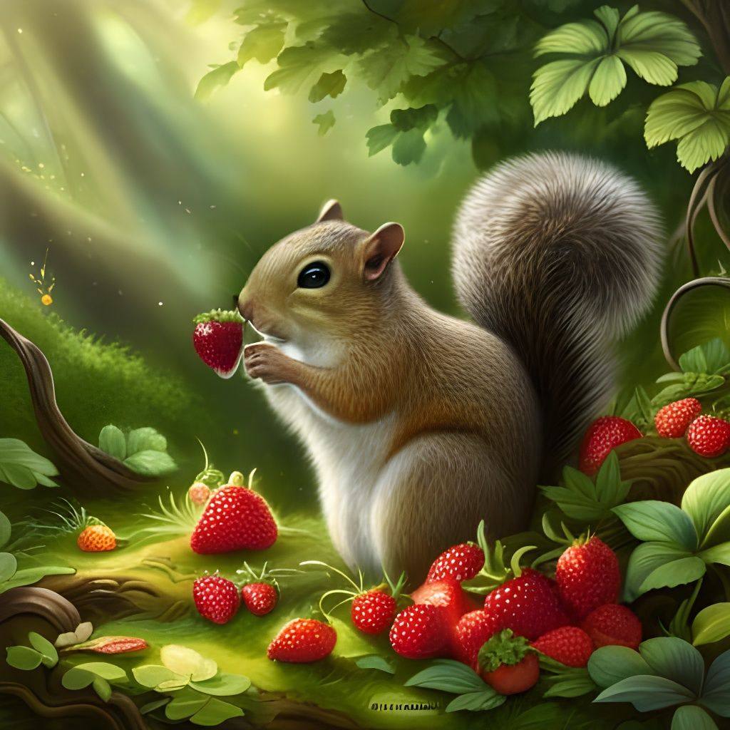 Baby Squirrel Eating Strawberry: Ethereal Fantasy Image