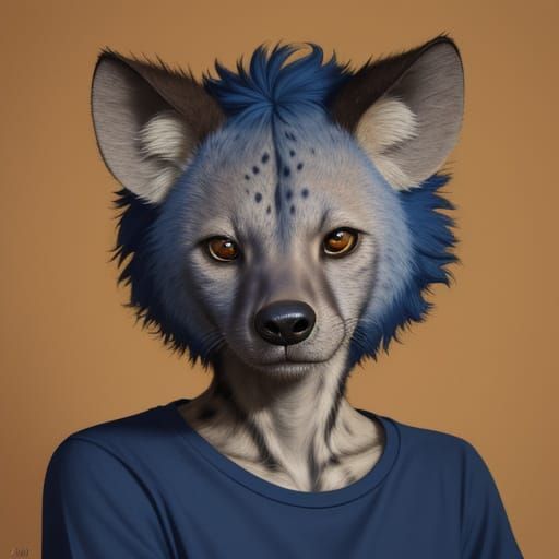 Fauvist Female Spotted Hyena in Dark Blue, Realistic Furry P...