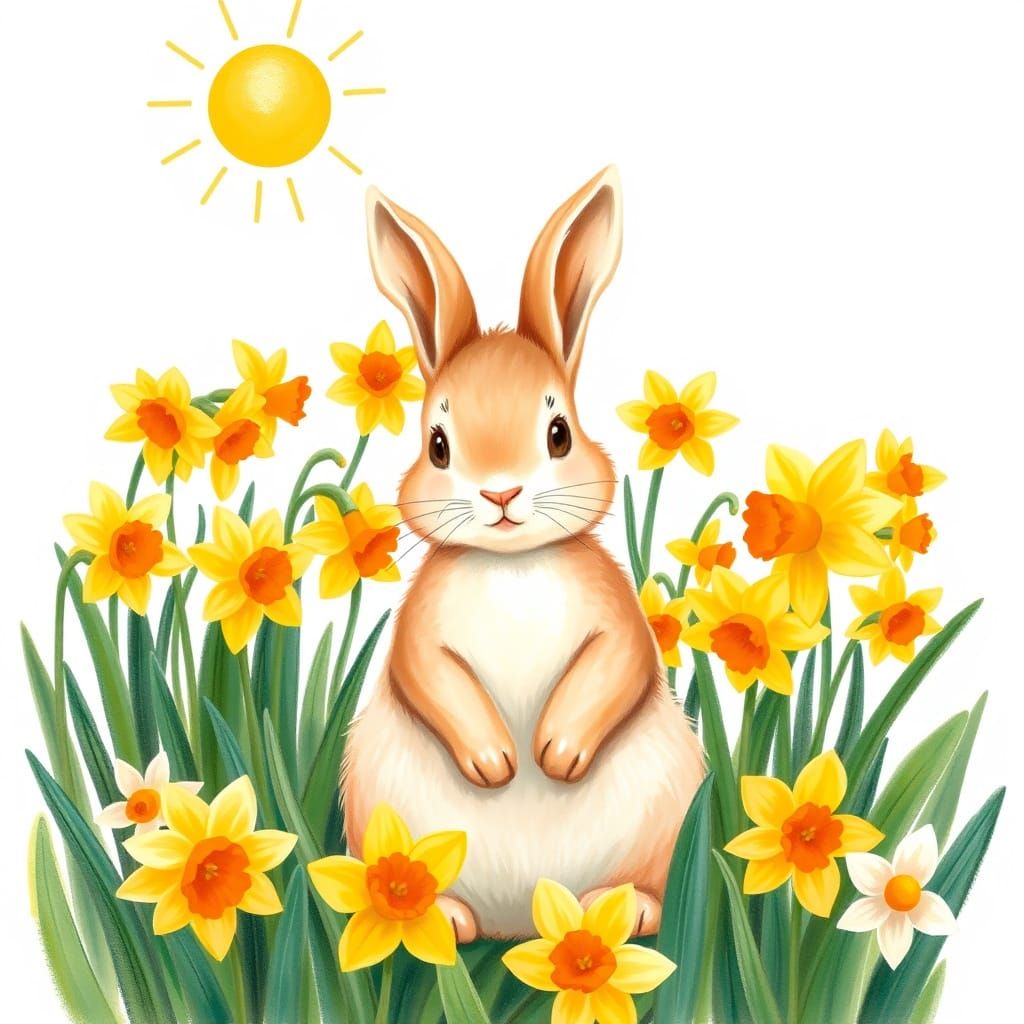 Whimsical Children's Illustration of a Bunny Amidst Daffodil...