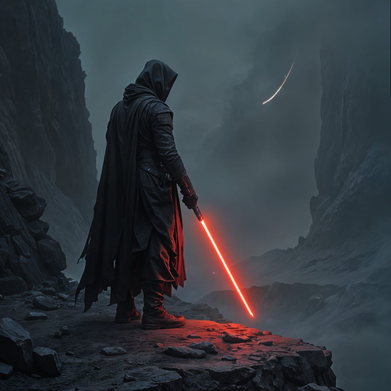 Mysterious Jedi Warrior in Dark Robes with Red Lightsaber on...