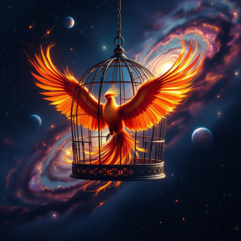 Fiery Phoenix Trapped in Celestial Starlight Cage