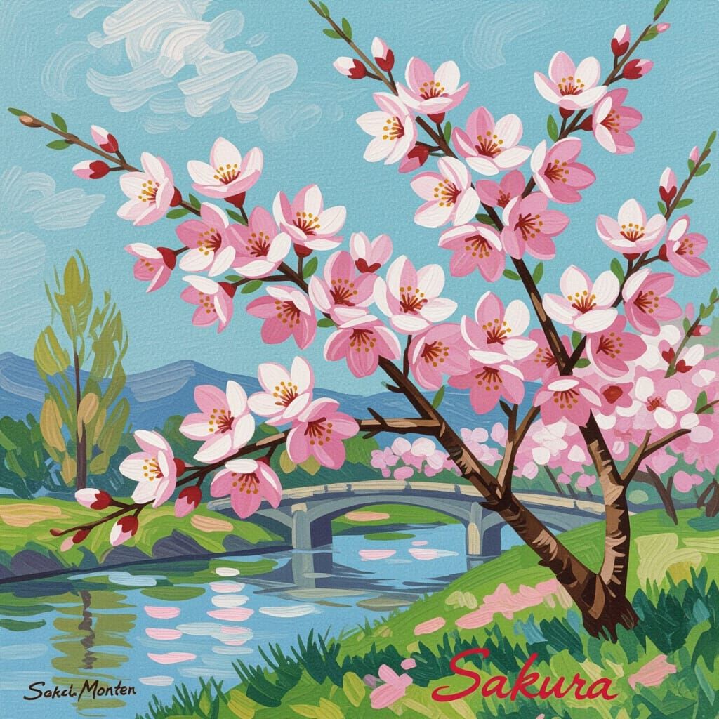 Cherry Blossoms Impressionistic Painting with Signature