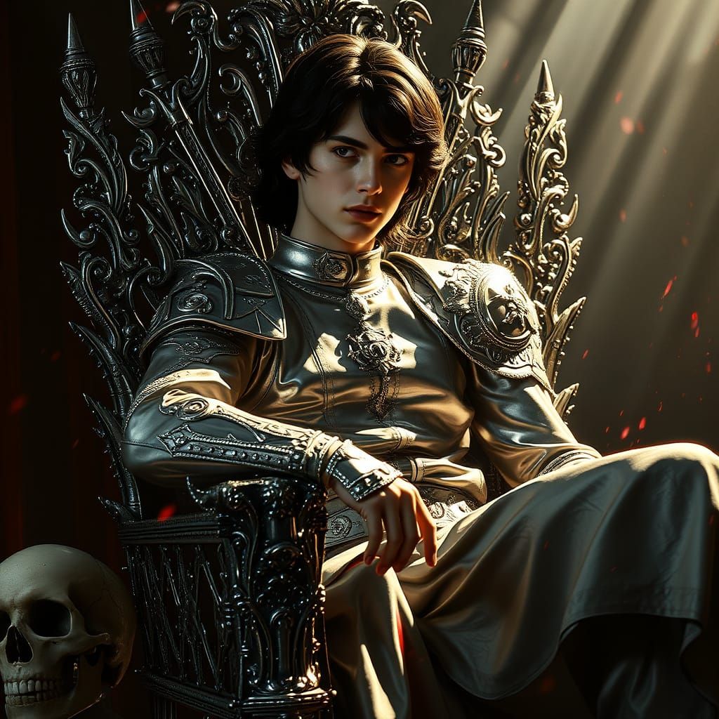 Handsome Prince on Silver Throne Amidst Horror Scene