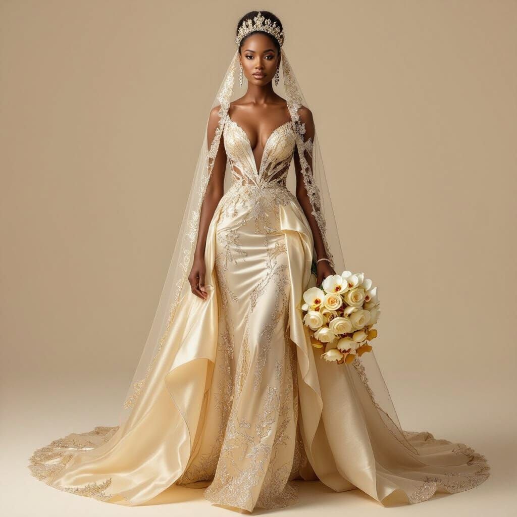 Regal Black Bride in Liquid Gold Couture Gown
