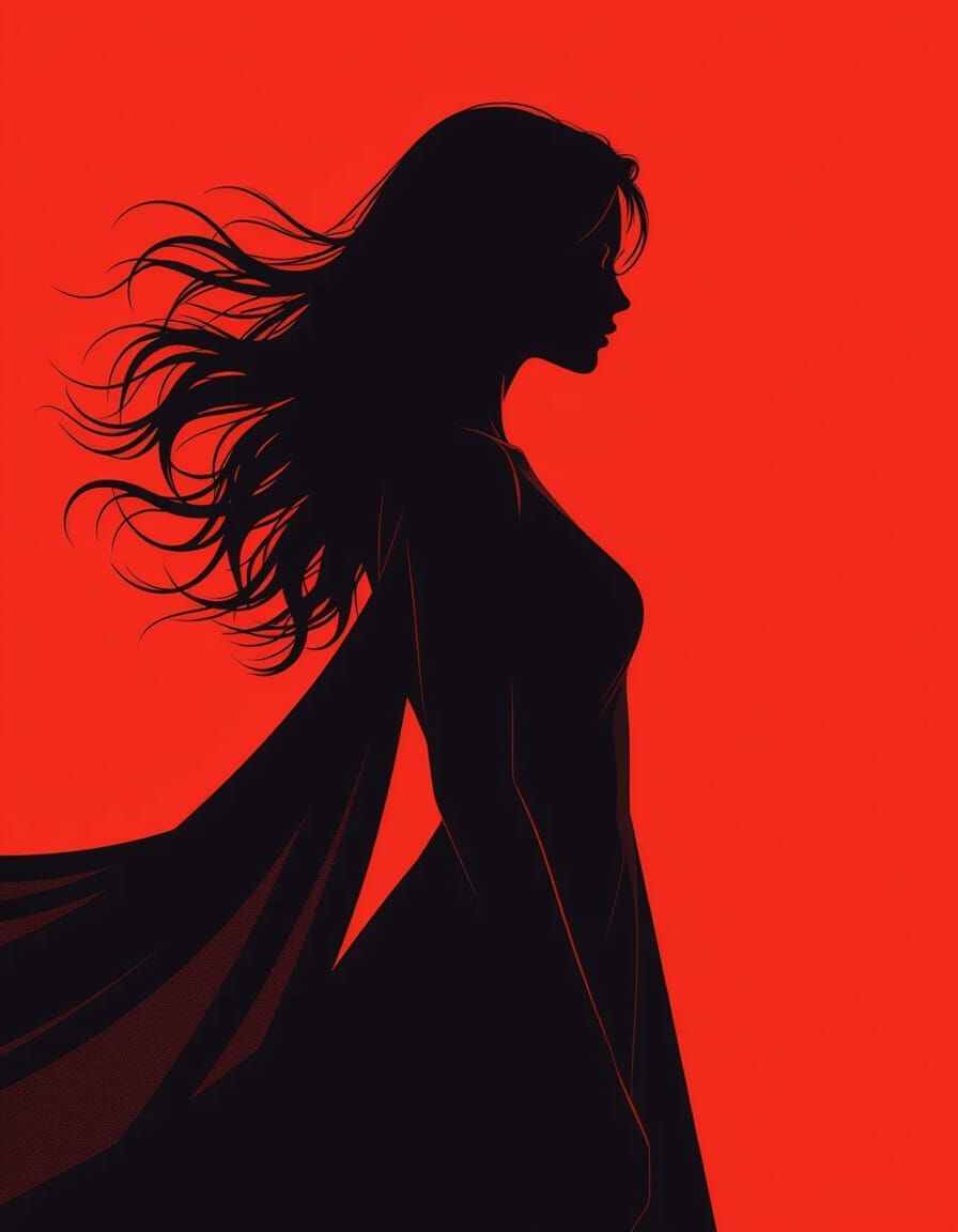 Silhouette of Woman with Flowing Hair in Red