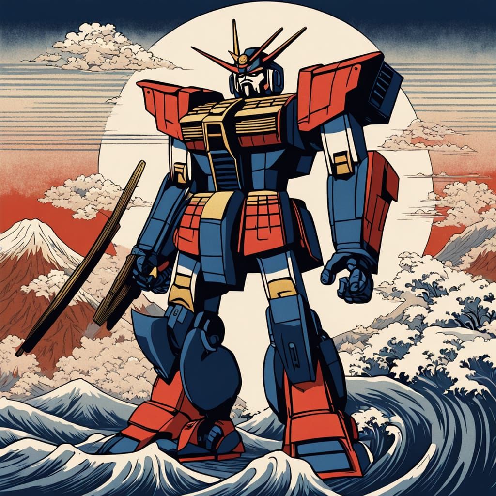 Gundam Robot in Ukiyo-e Woodblock Print Style