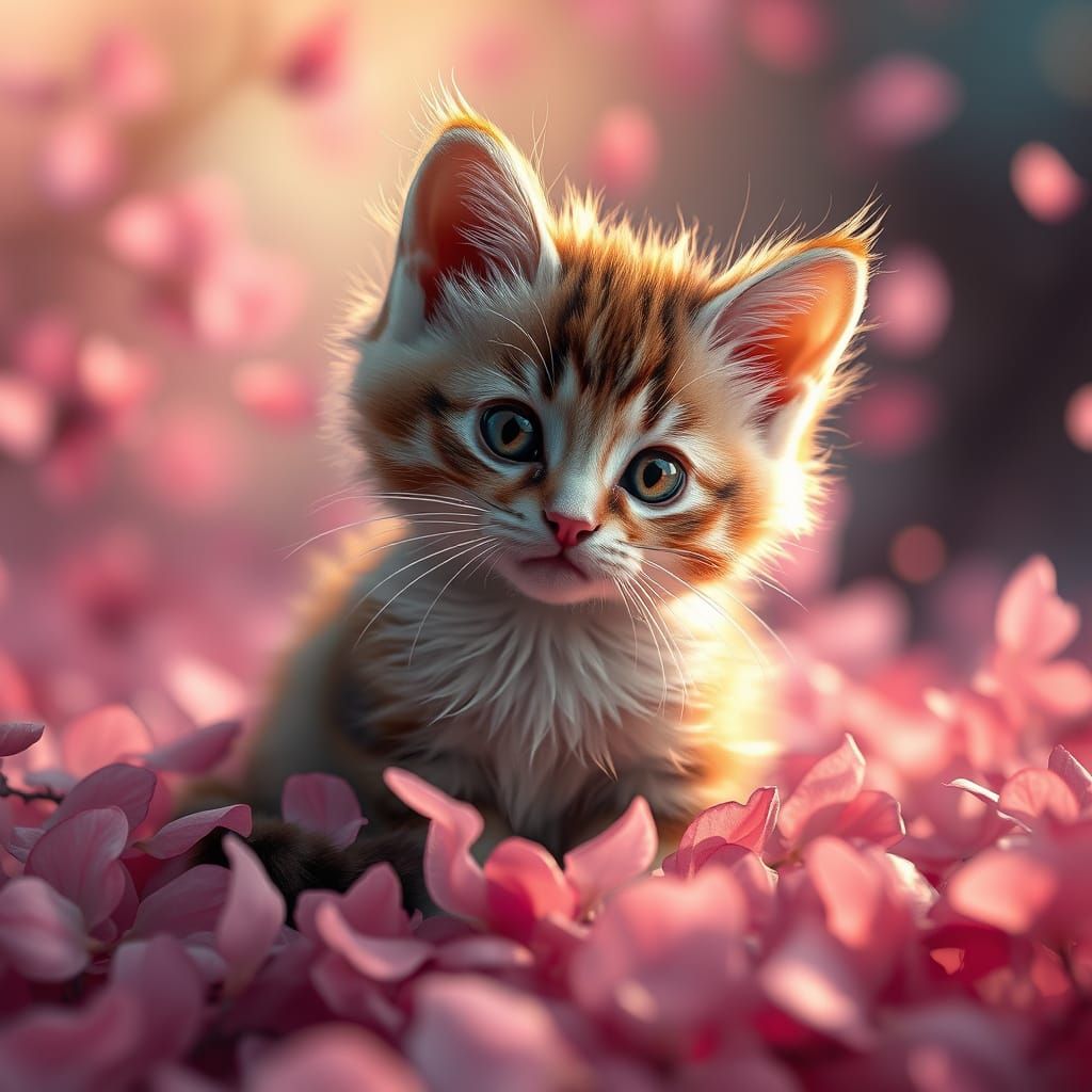 Hyperrealistic Cherry Blossom Kitten in Ethereal Setting