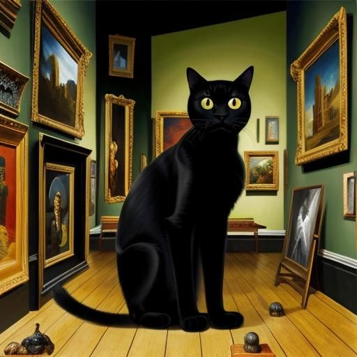 Black Cat Hiding: Surreal Oil Painting in Museum