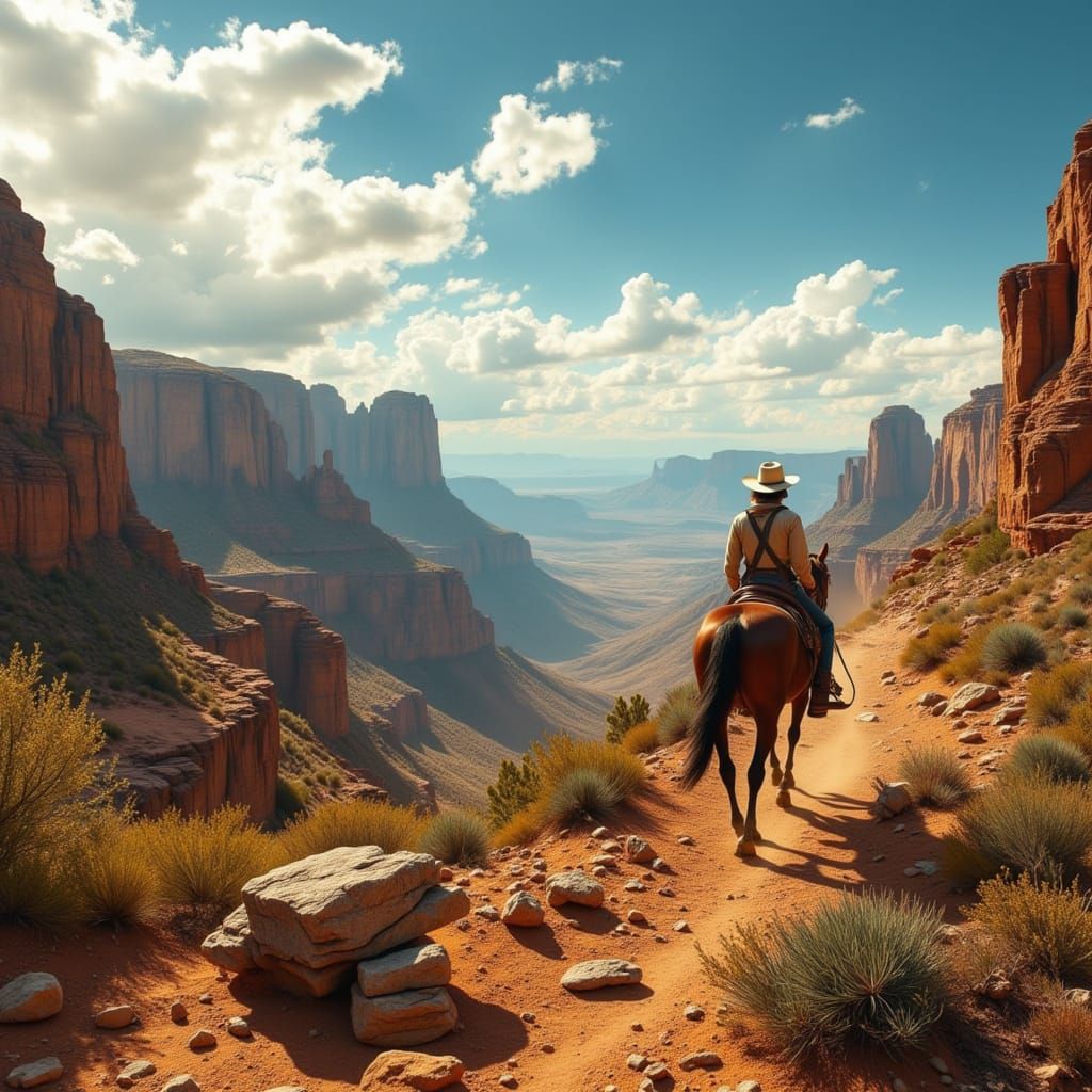 Cowboy Rides Through Sunlit Desert Canyonlands