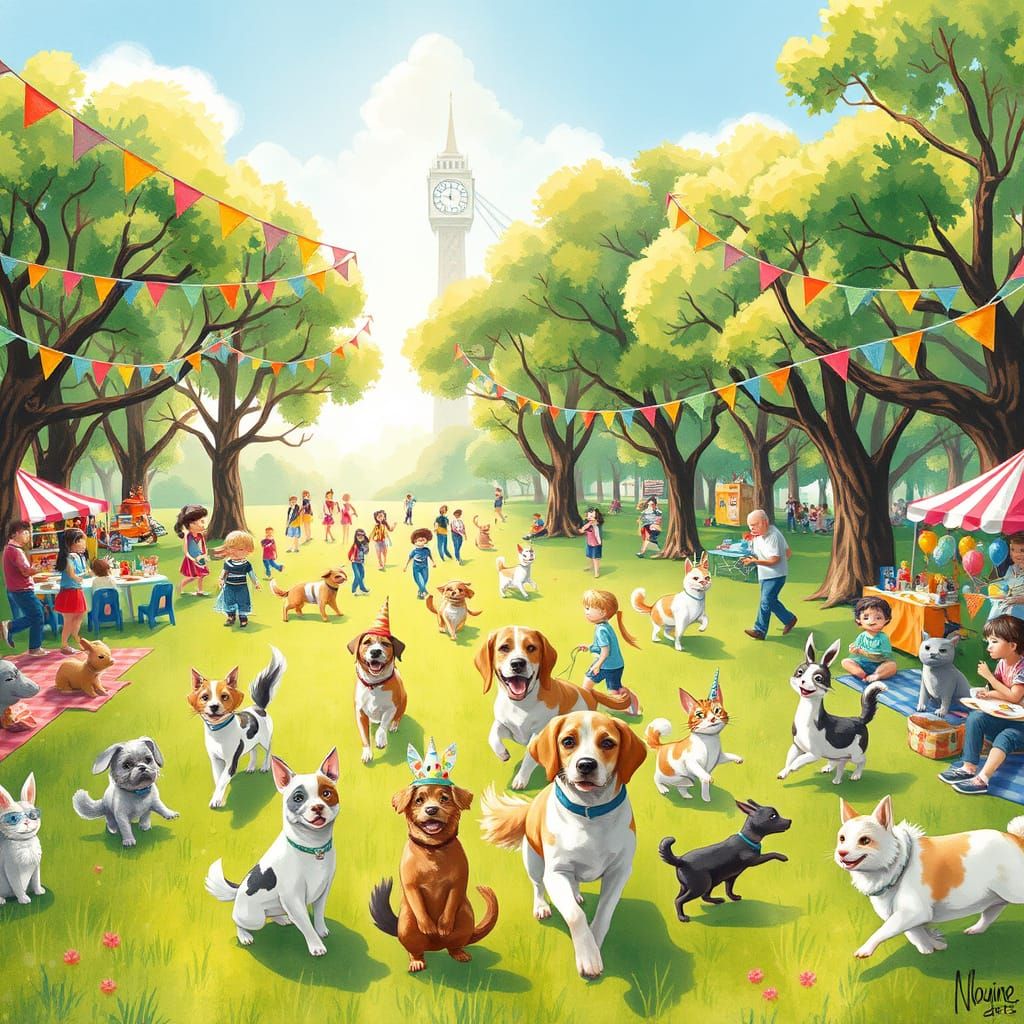 Vibrant Whimsical Animal Parade in Colorful Outdoor Park