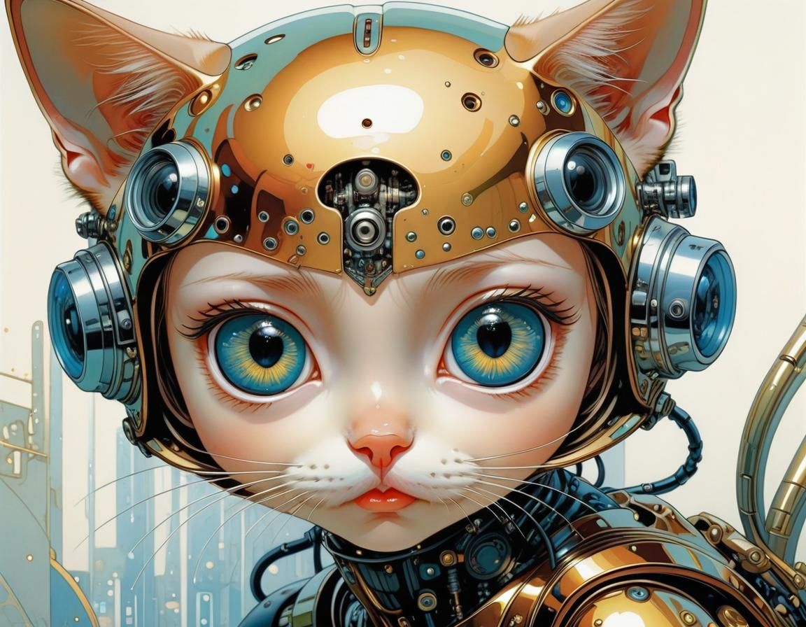 Cyborg Kitten with Expressive Eyes in Sci-Fi Style