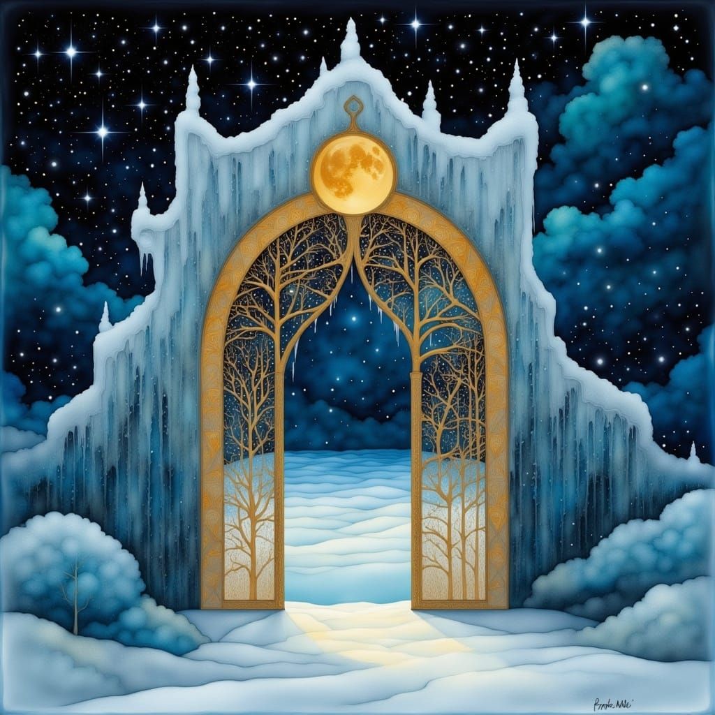 Icy Fractal Gate Under Moonlight in Liquid Ink Style