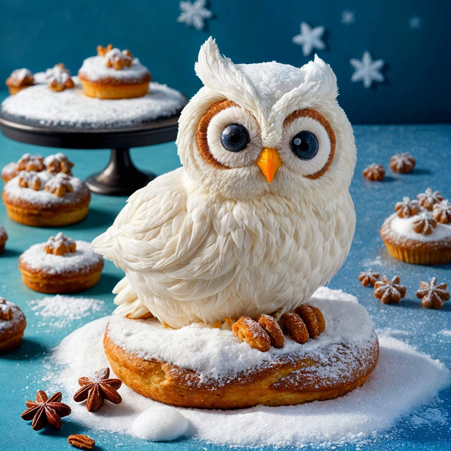 a snow owl made from pastry