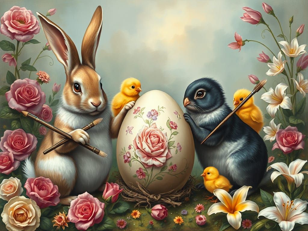 Rabbits and Chicks Painting Easter Eggs