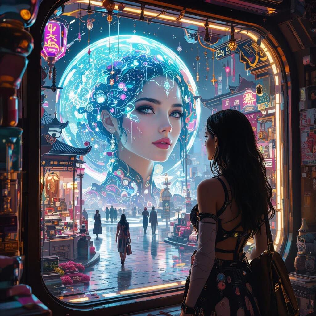 Beautiful Woman Gazes at Departing 24th Century Shop