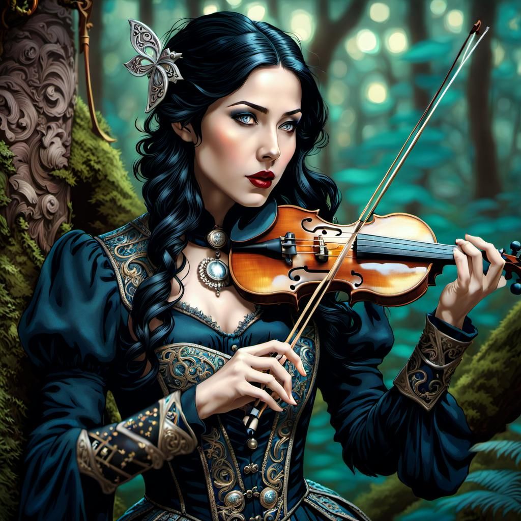 Half-Elf Bard in Enchanted Forest: Steampunk Victorian Art