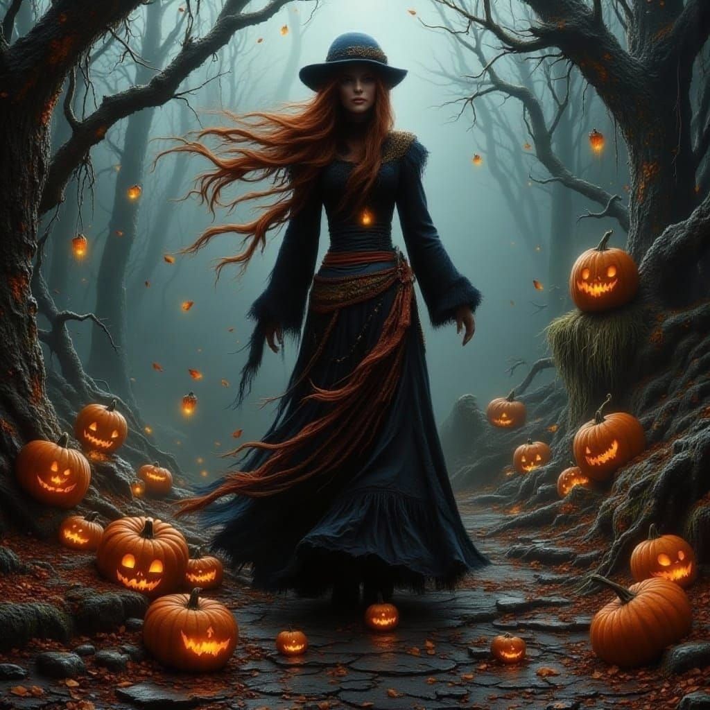 Gypsy Woman on Halloween Eve in Dark Oil Paint Style