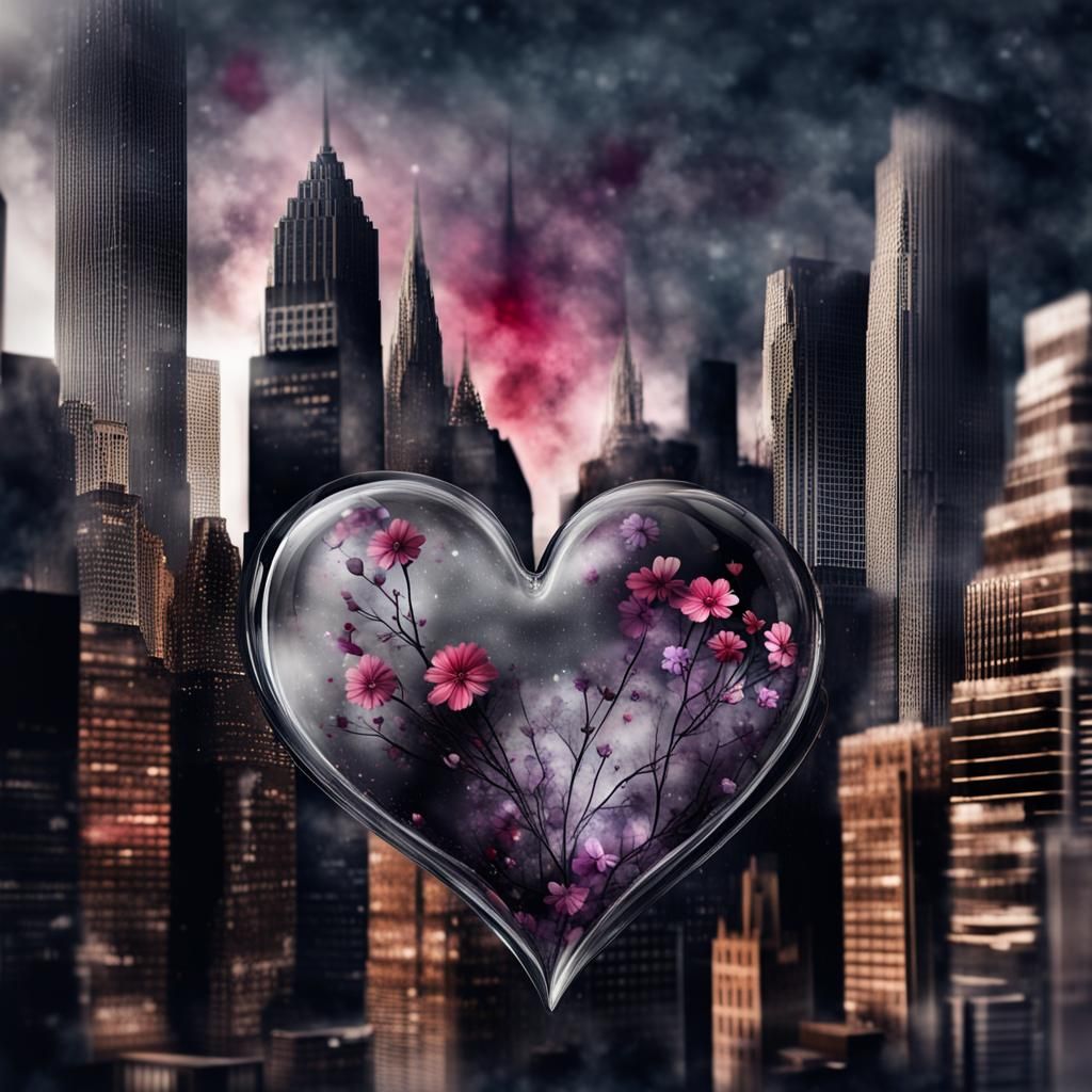 Glass Heart with Flowers: Gothic Romantic 3D Art