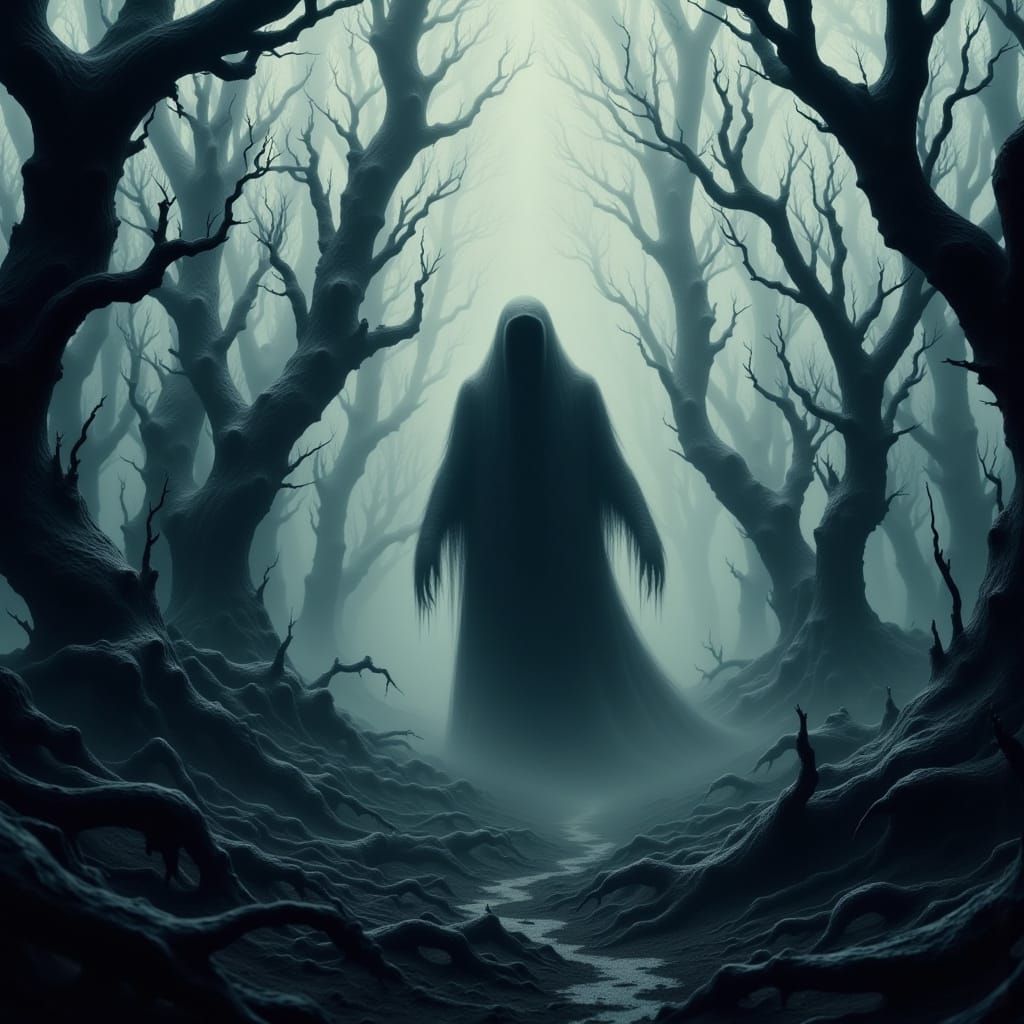 Surreal Dark Figure Lost in Haunting Dreamscape