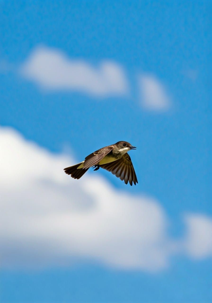 Phoebe Bird Soaring in Blue Sky: Wildlife Photography