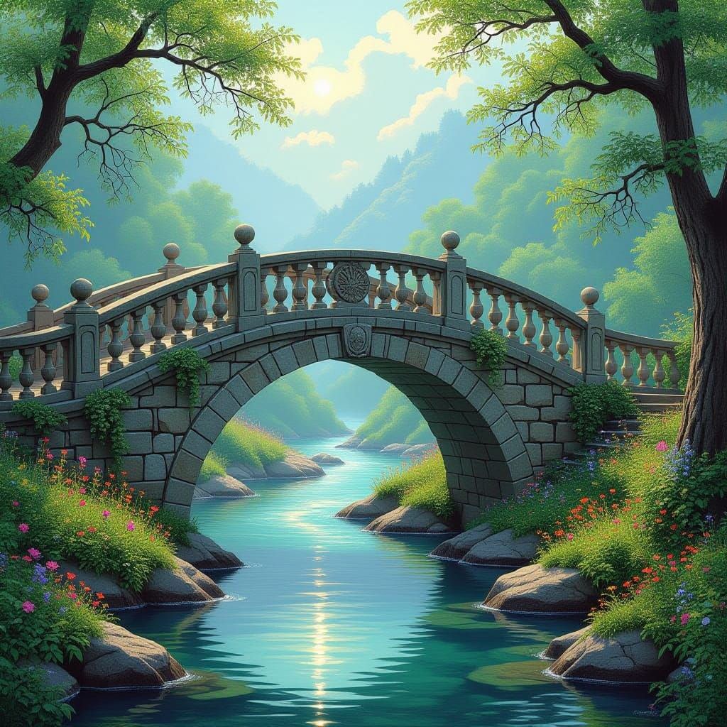 Stone Bridge in Whimsical Summer Glow