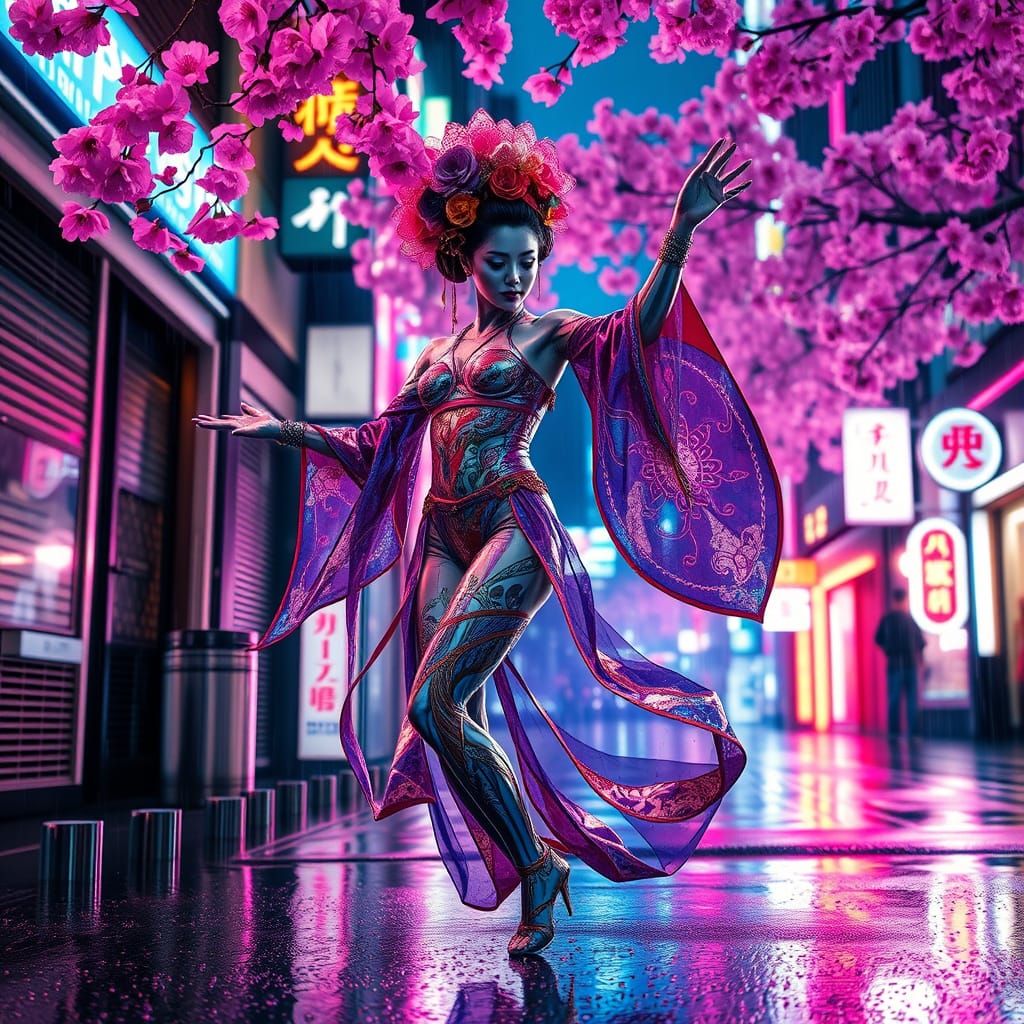 Cyberpunk Geisha Dancing in Tokyo Alley