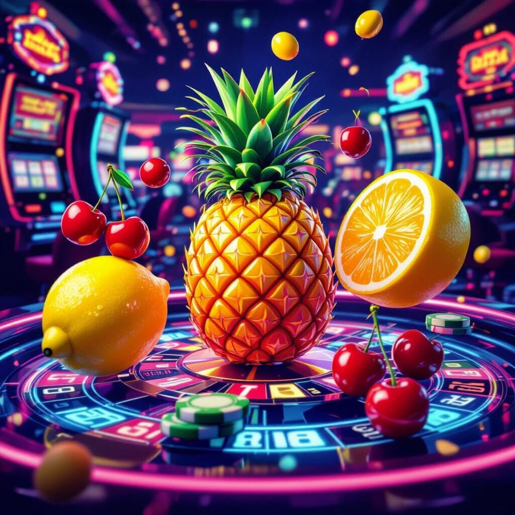 Neon Casino Slot Machines with Fruit Symbols