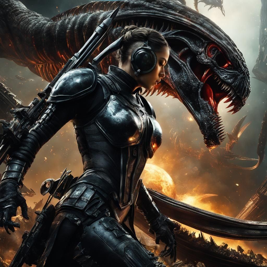 Joan of Arc Attacks Xenomorphs in Maximalist Style