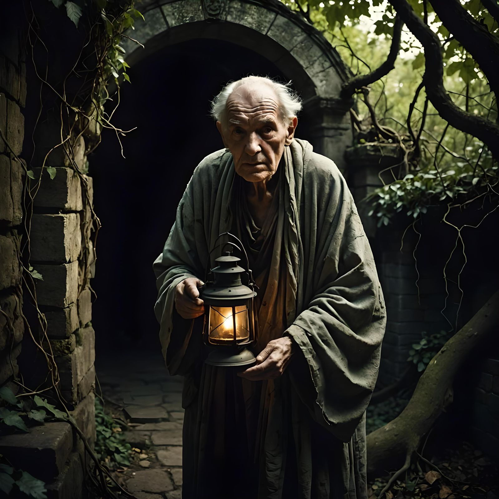 Gnarled Man in Labyrinth: Low-Key Horror Photography