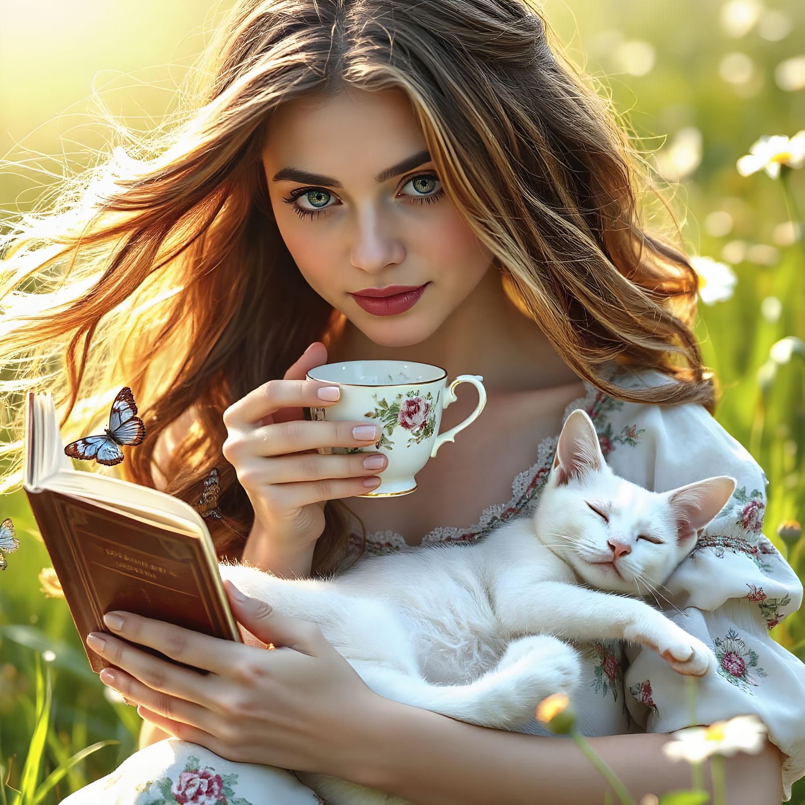 Woman in Meadow with Cat: Hyperrealistic Serenity